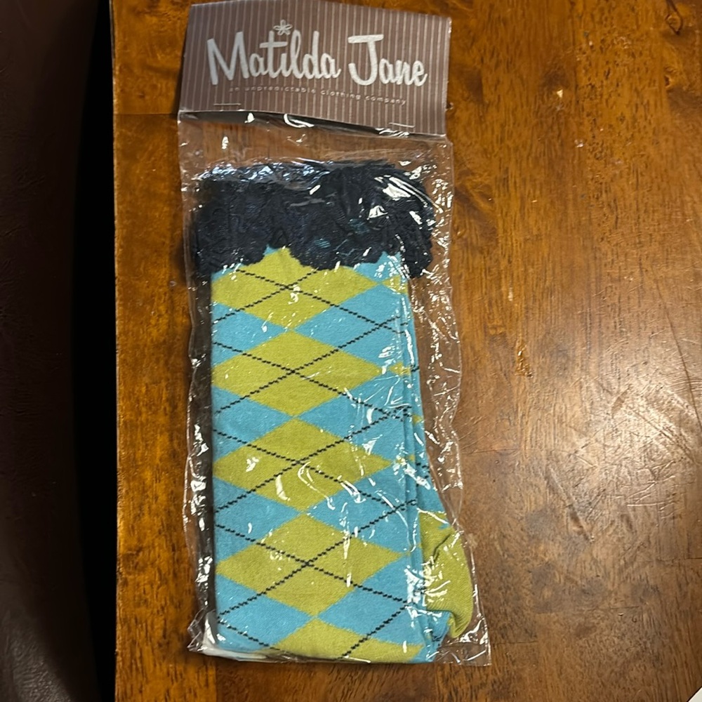 Matilda Jane Ireland Argyle navy laced socks, size L